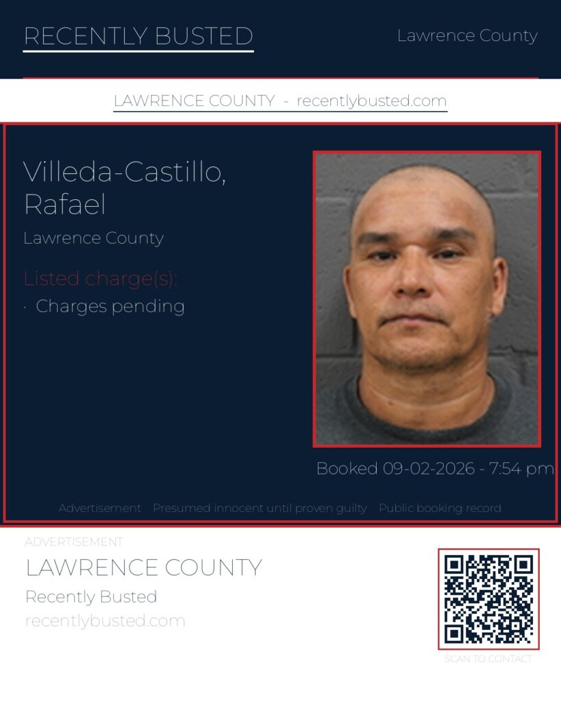 VILLEDA-CASTILLO, RAFAEL — arrest record card, Lawrence County