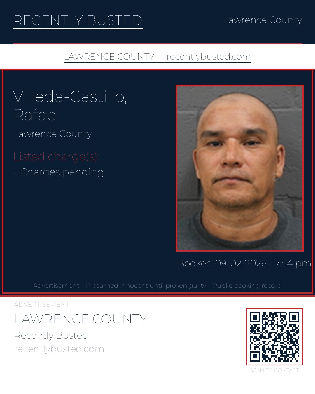 VILLEDA-CASTILLO, RAFAEL — arrest record card, Lawrence County