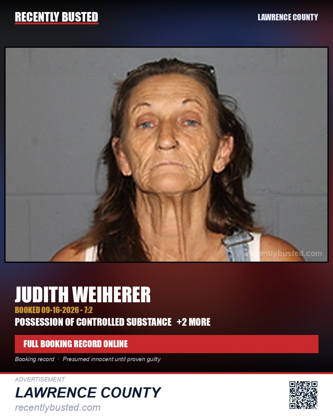 WEIHERER, JUDITH — arrest record card, Lawrence County