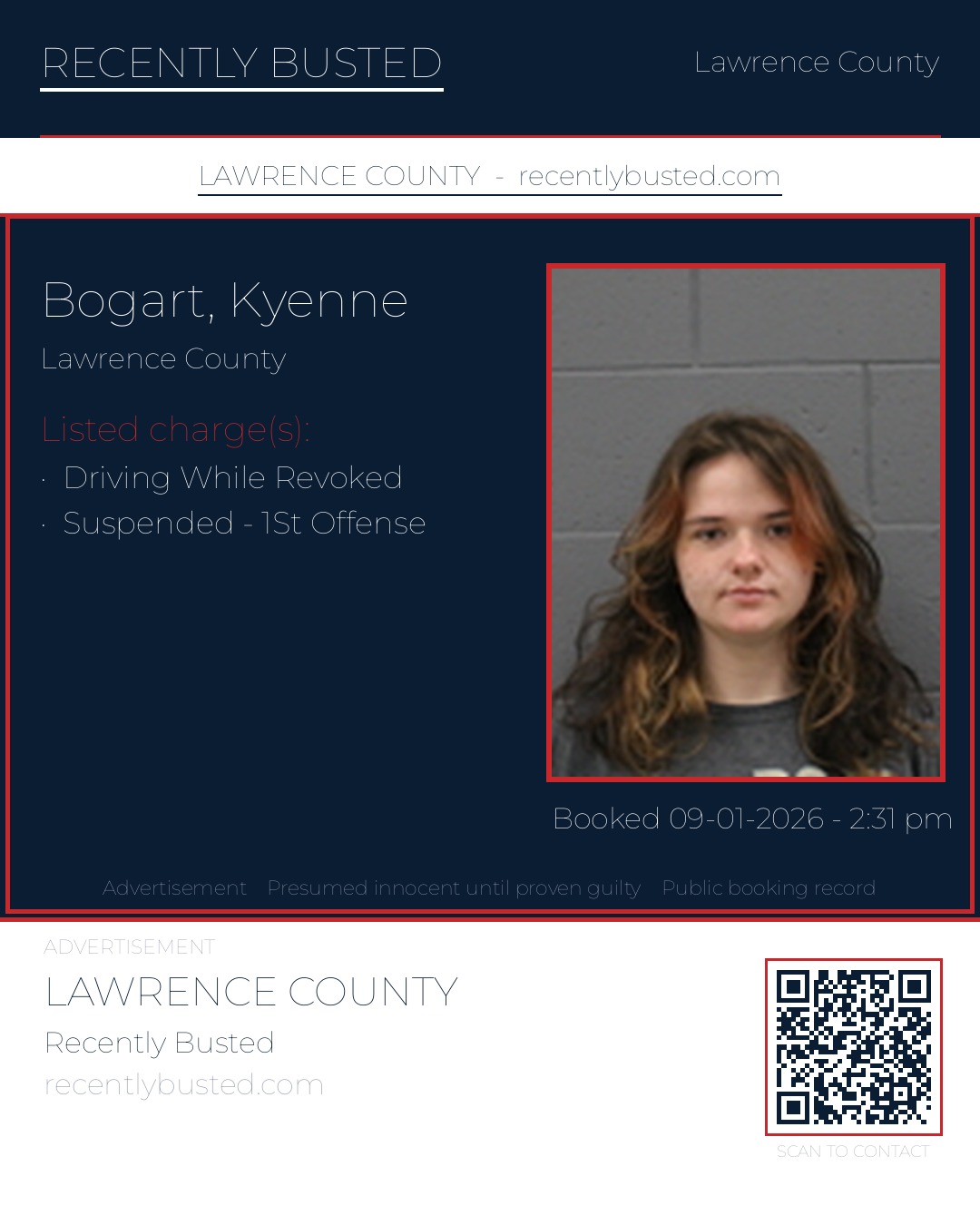 BOGART, KYENNE — arrest record card, Lawrence County