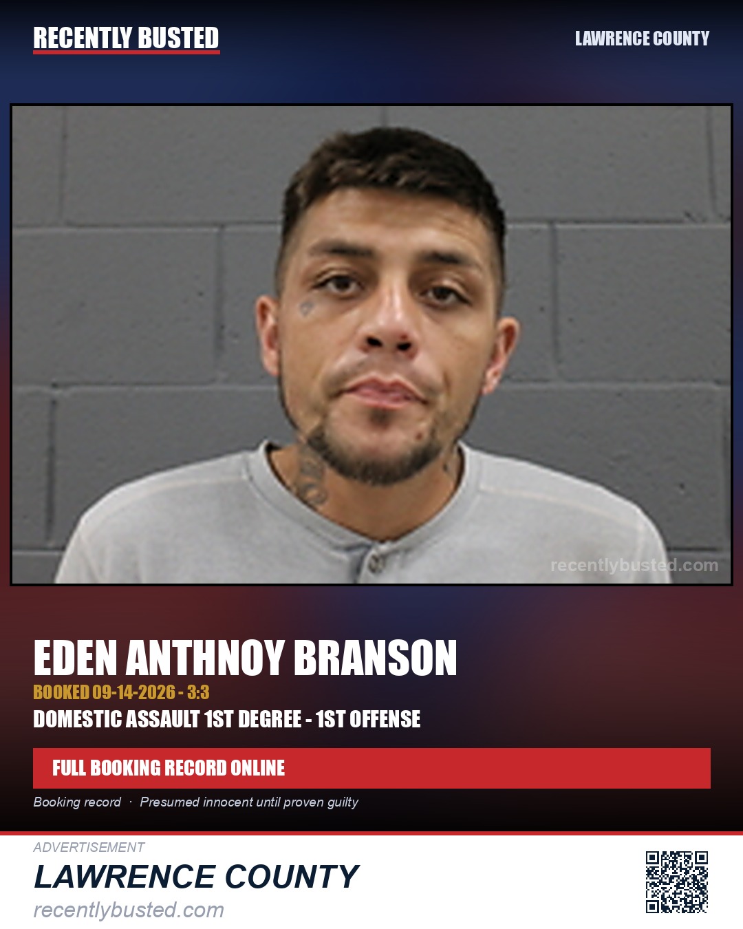 BRANSON, EDEN ANTHNOY — arrest record card, Lawrence County