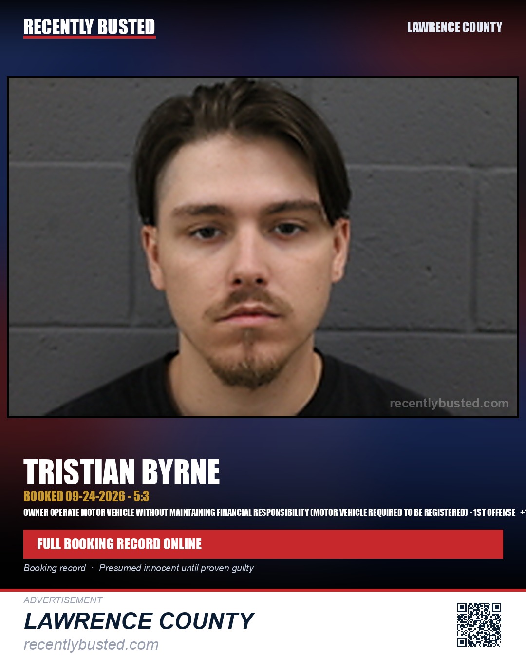 BYRNE, TRISTIAN — arrest record card, Lawrence County