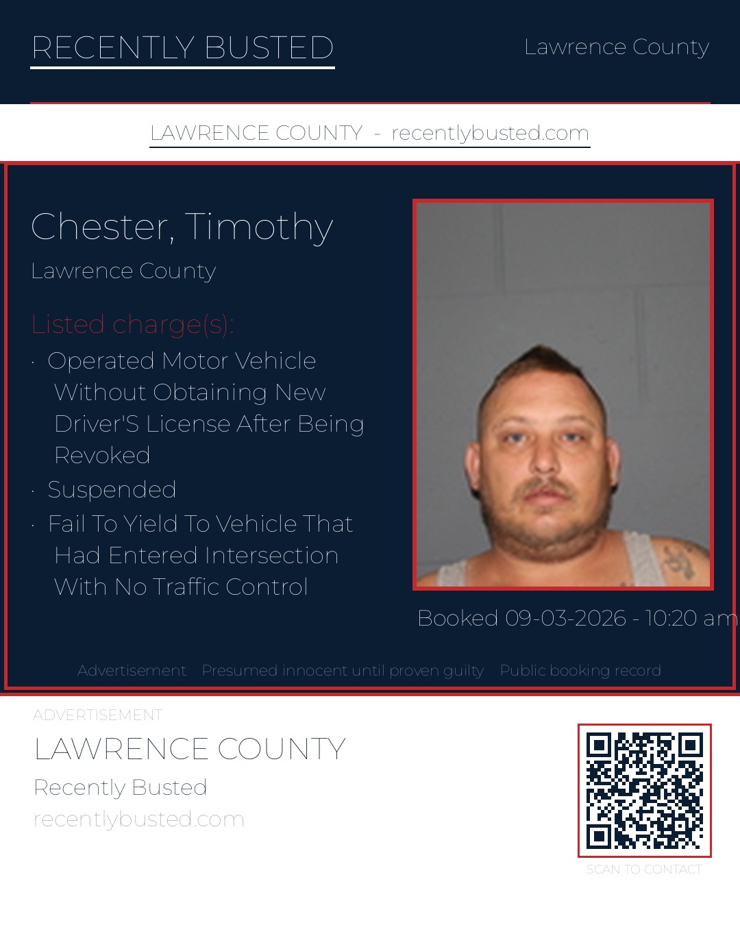 CHESTER, TIMOTHY — arrest record card, Lawrence County