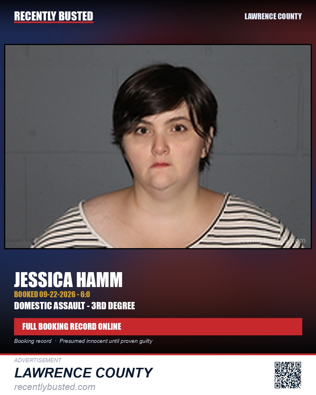 Hamm, Jessica — arrest record card, Lawrence County