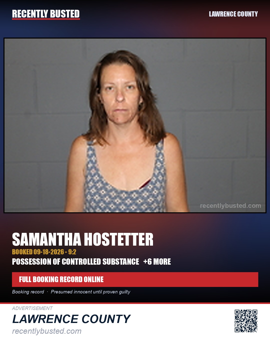 HOSTETTER, SAMANTHA — arrest record card, Lawrence County