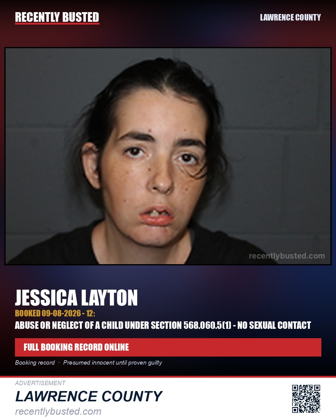 LAYTON, JESSICA — arrest record card, Lawrence County