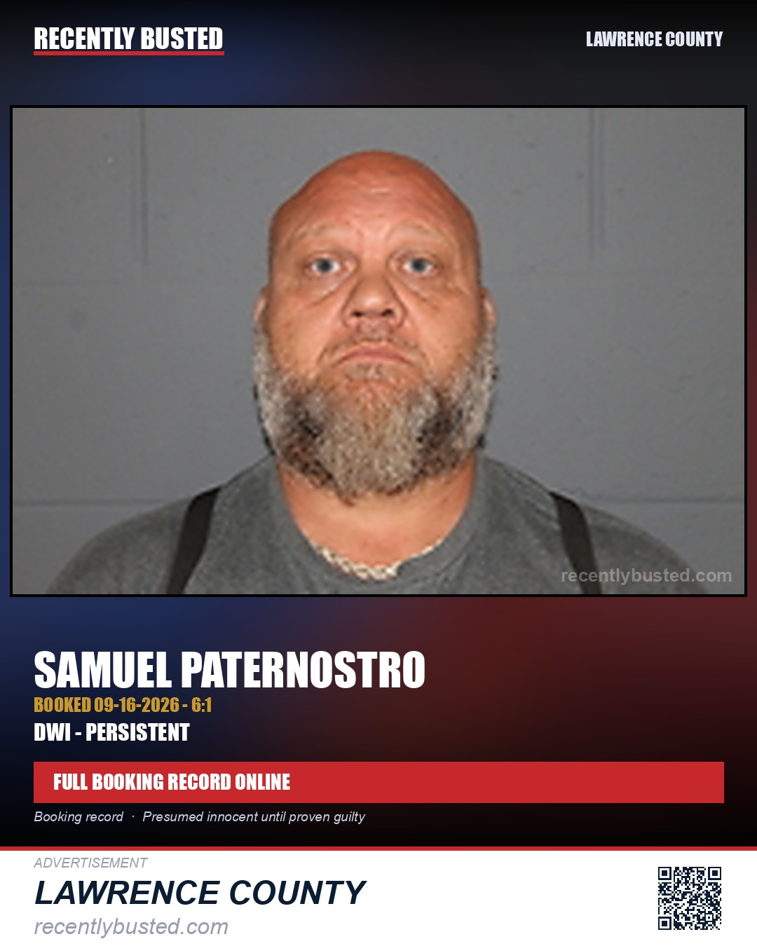 PATERNOSTRO, SAMUEL — arrest record card, Lawrence County