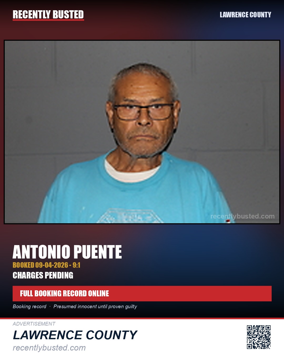 PUENTE, ANTONIO — arrest record card, Lawrence County
