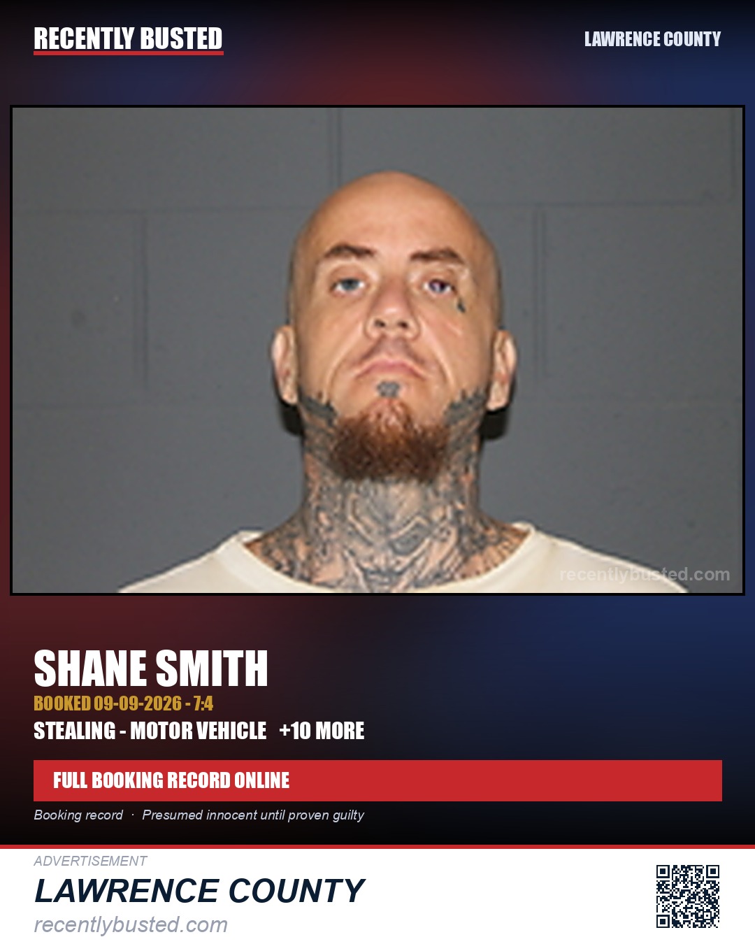 SMITH, SHANE — arrest record card, Lawrence County