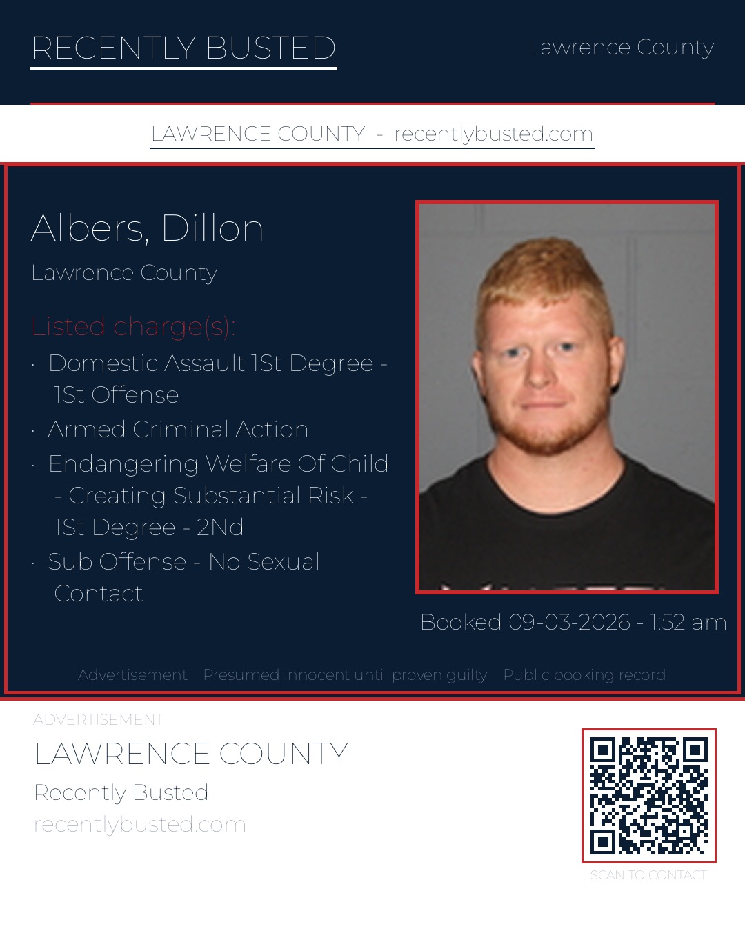 ALBERS, DILLON — arrest record card, Lawrence County
