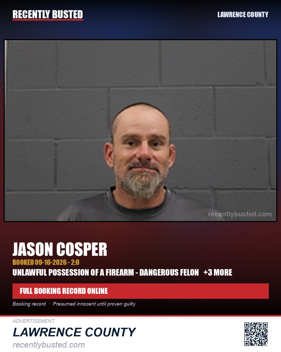 COSPER, JASON — arrest record card, Lawrence County