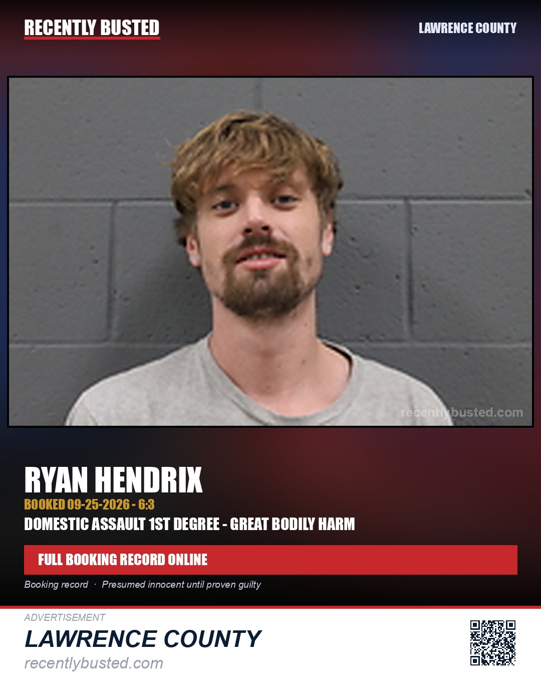 HENDRIX, RYAN — arrest record card, Lawrence County