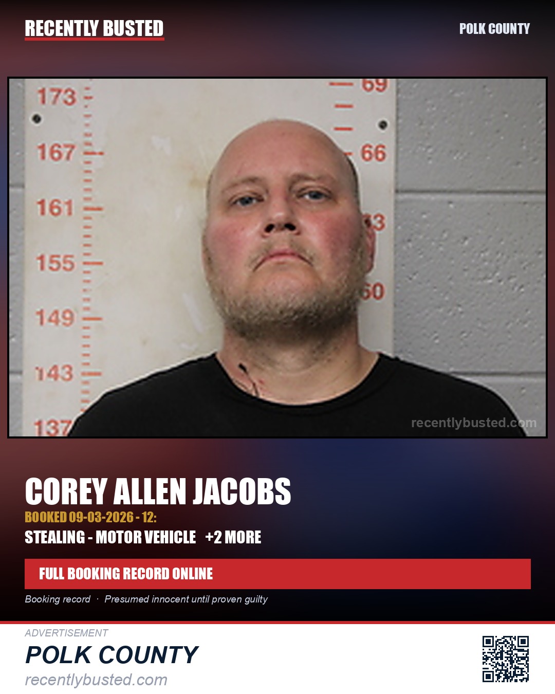 JACOBS, COREY ALLEN — arrest record card, Polk County