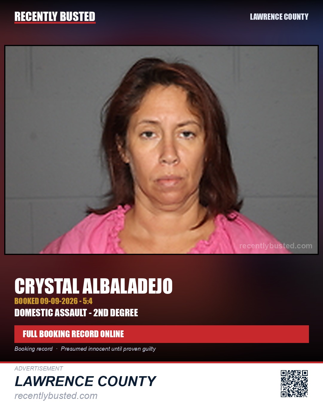 ALBALADEJO, CRYSTAL — arrest record card, Lawrence County