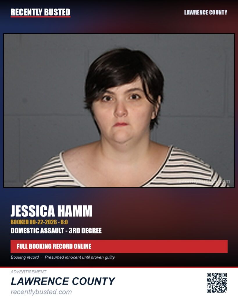 Hamm, Jessica — arrest record card, Lawrence County