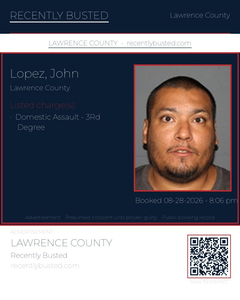 LOPEZ, JOHN — arrest record card, Lawrence County