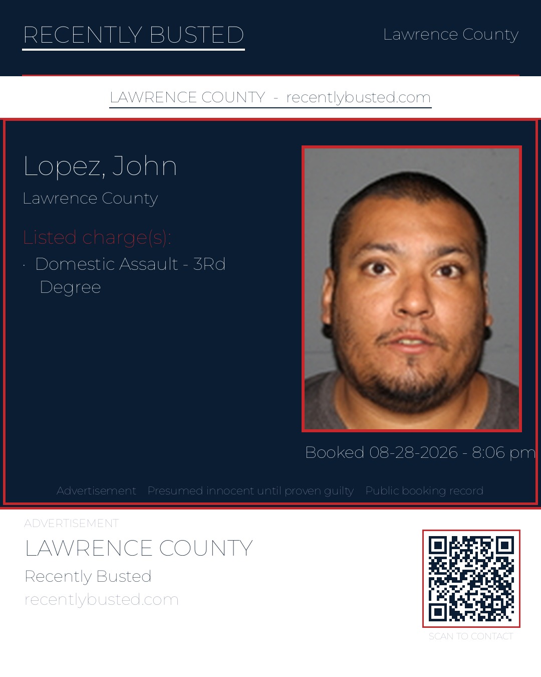 LOPEZ, JOHN — arrest record card, Lawrence County