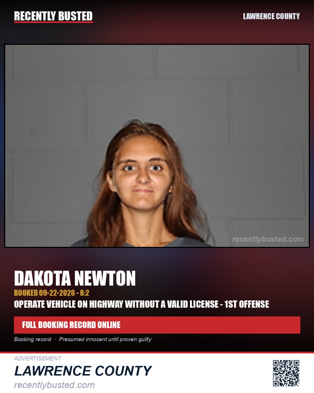 NEWTON, DAKOTA — arrest record card, Lawrence County
