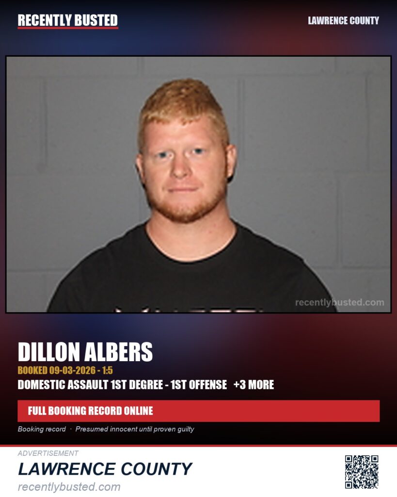 ALBERS, DILLON — arrest record card, Lawrence County