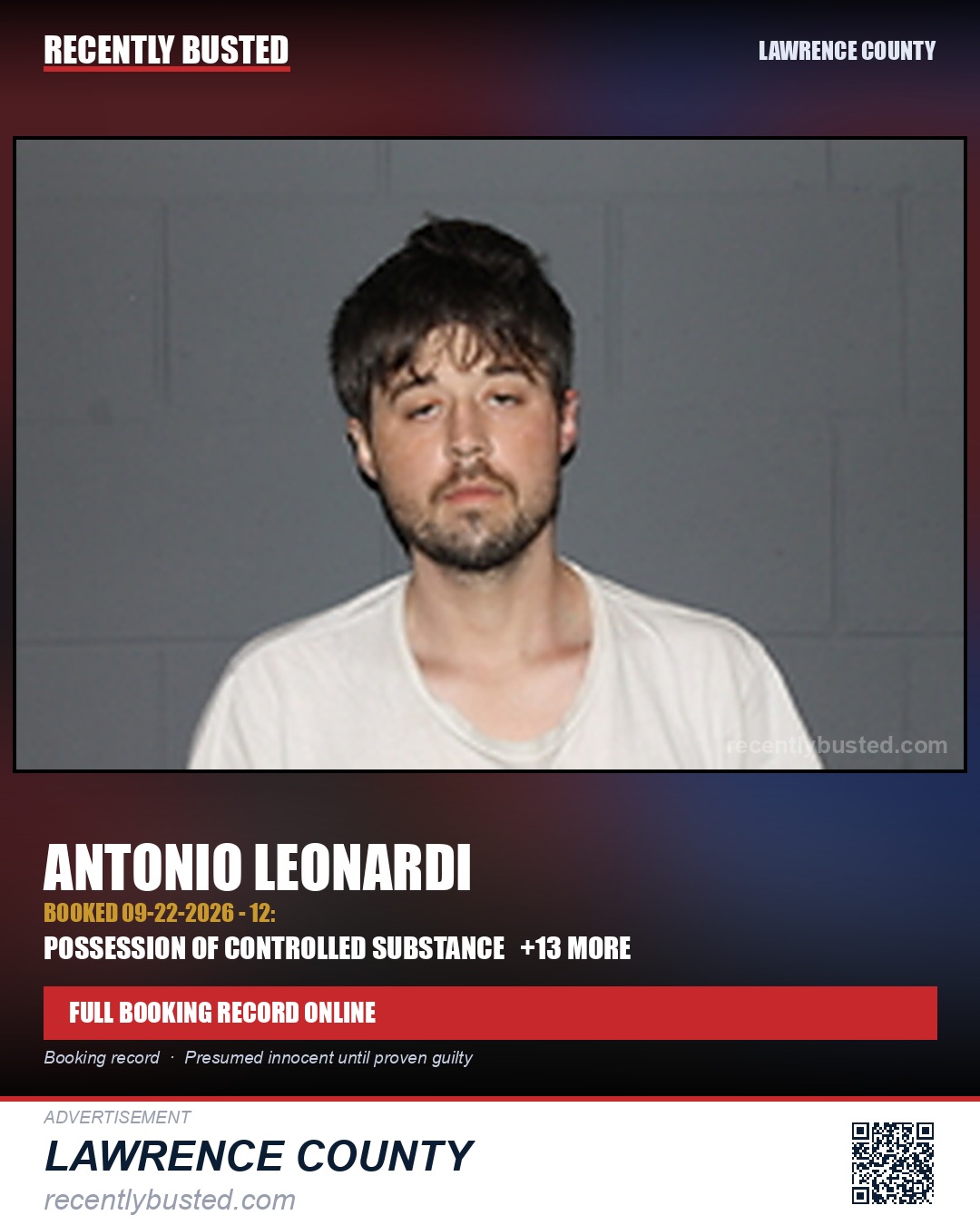 LEONARDI, ANTONIO — arrest record card, Lawrence County