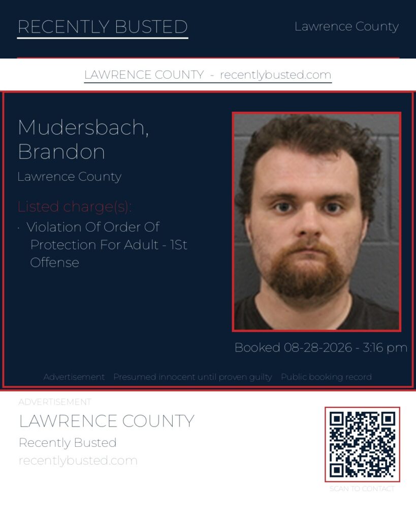 MUDERSBACH, BRANDON — arrest record card, Lawrence County