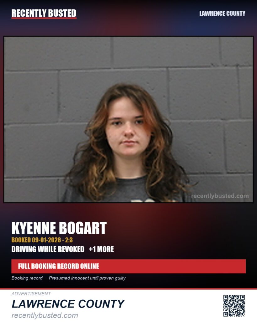 BOGART, KYENNE — arrest record card, Lawrence County
