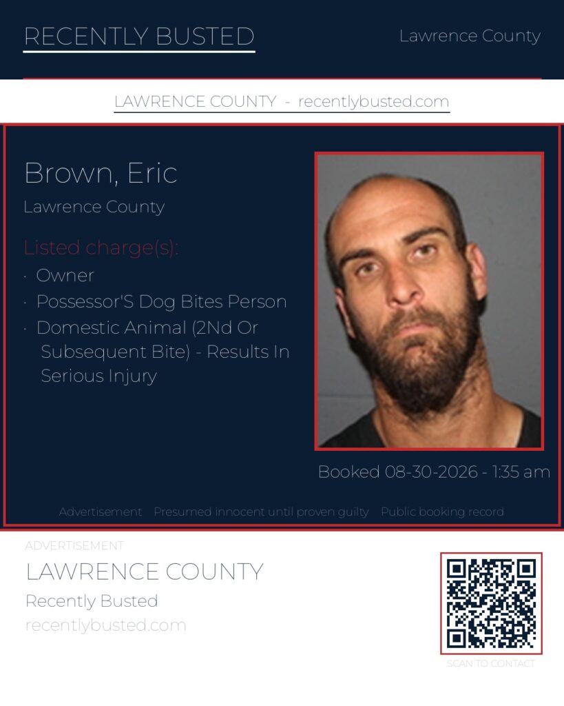 BROWN, ERIC — arrest record card, Lawrence County
