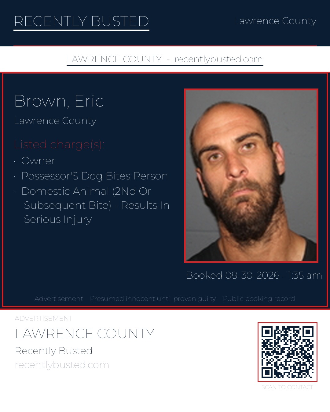 BROWN, ERIC — arrest record card, Lawrence County