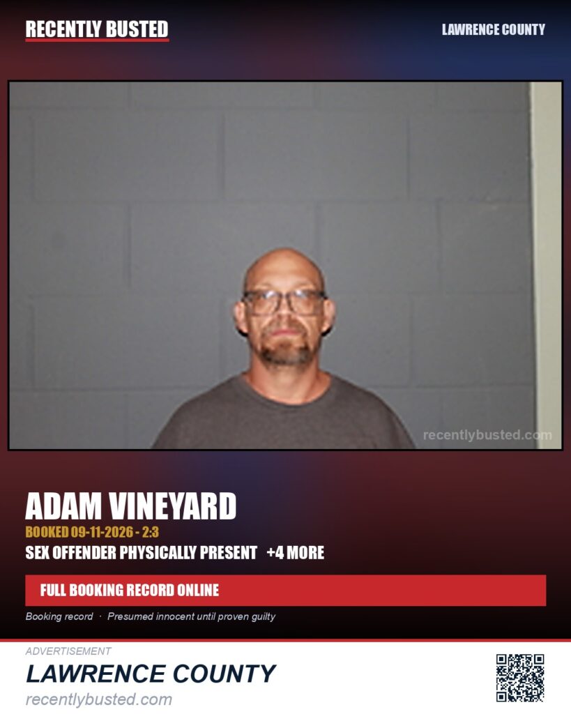 VINEYARD, ADAM — arrest record card, Lawrence County