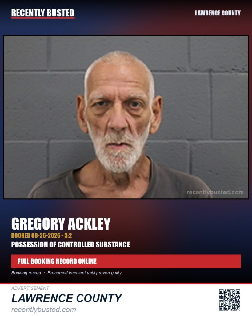 ACKLEY, GREGORY — arrest record card, Lawrence County