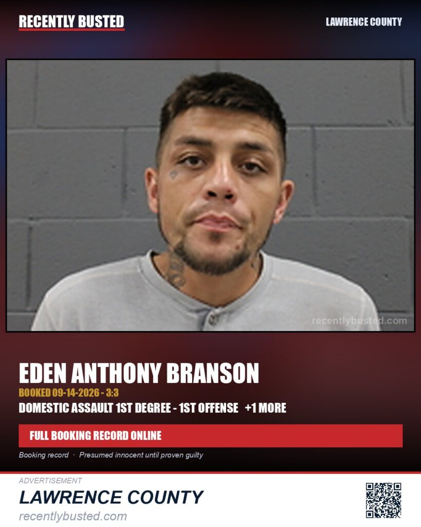 BRANSON, EDEN ANTHONY — arrest record card, Lawrence County