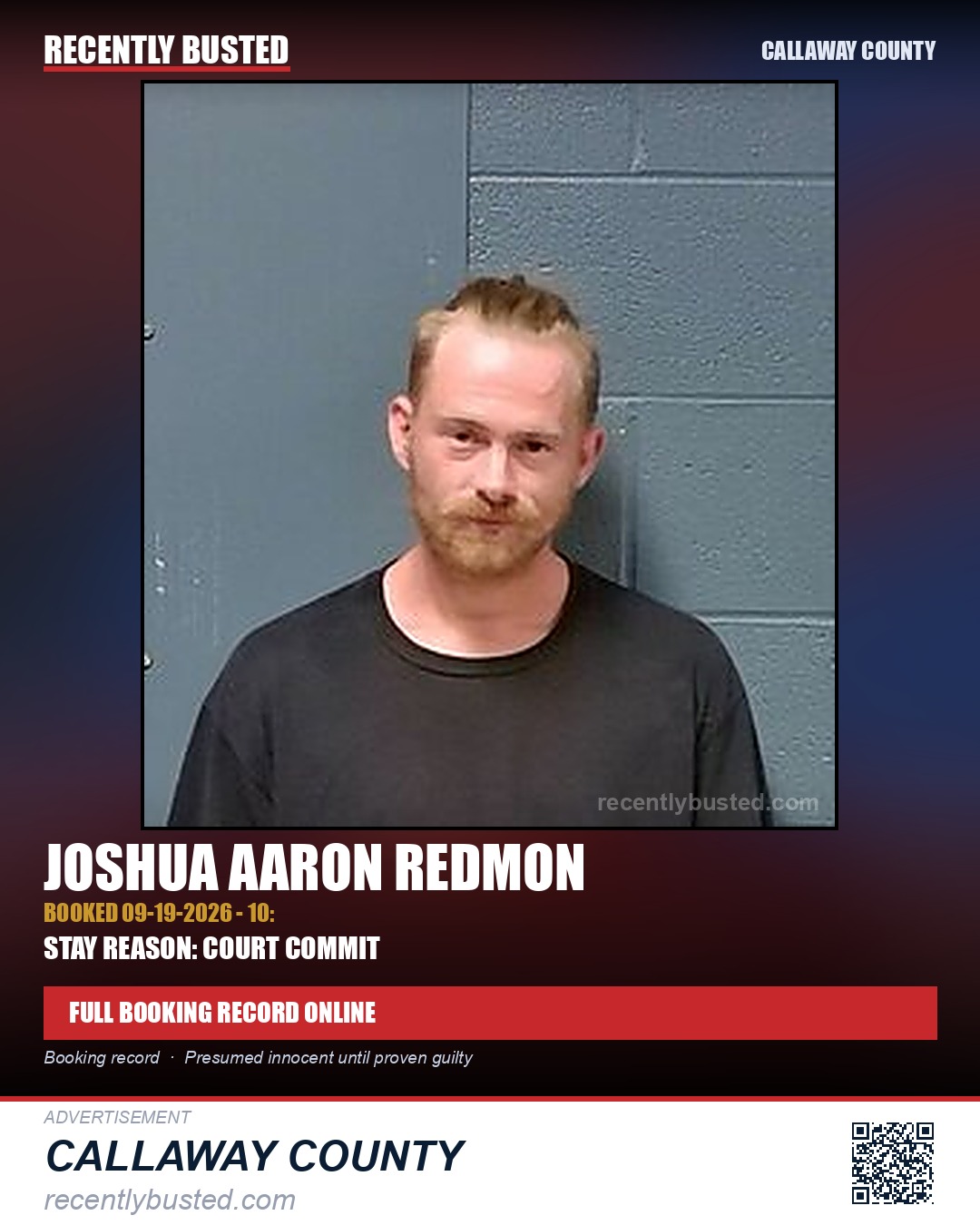 Redmon, Joshua Aaron — arrest record card, Callaway County