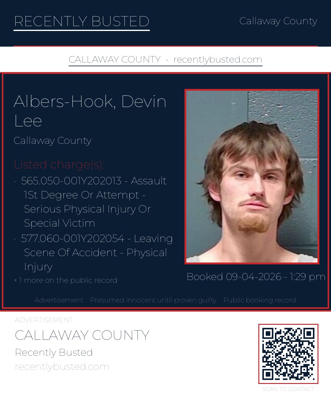 Albers-Hook, Devin Lee — arrest record card, Callaway County