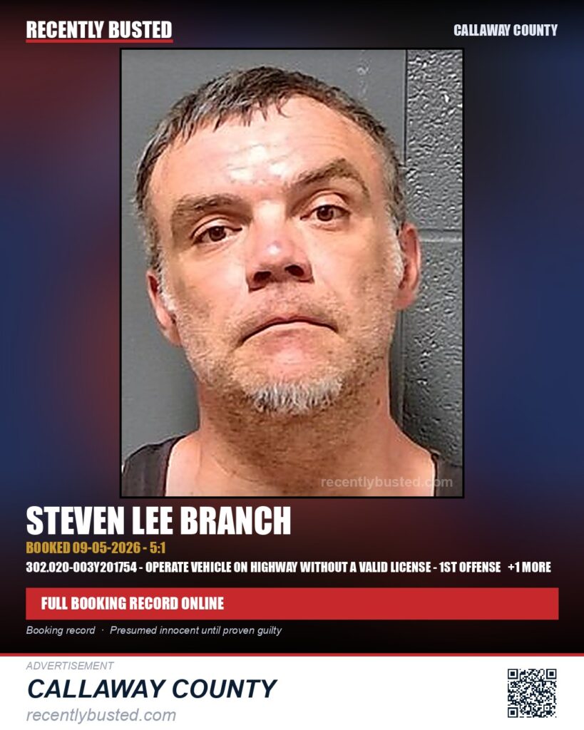 Branch, Steven Lee — arrest record card, Missouri