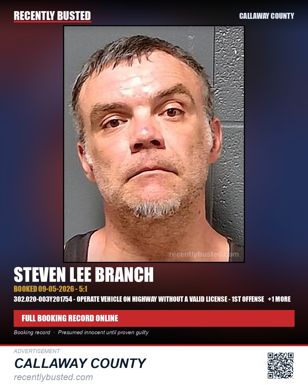 Branch, Steven Lee — arrest record card, Callaway County