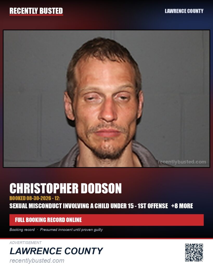DODSON, CHRISTOPHER — arrest record card, Lawrence County