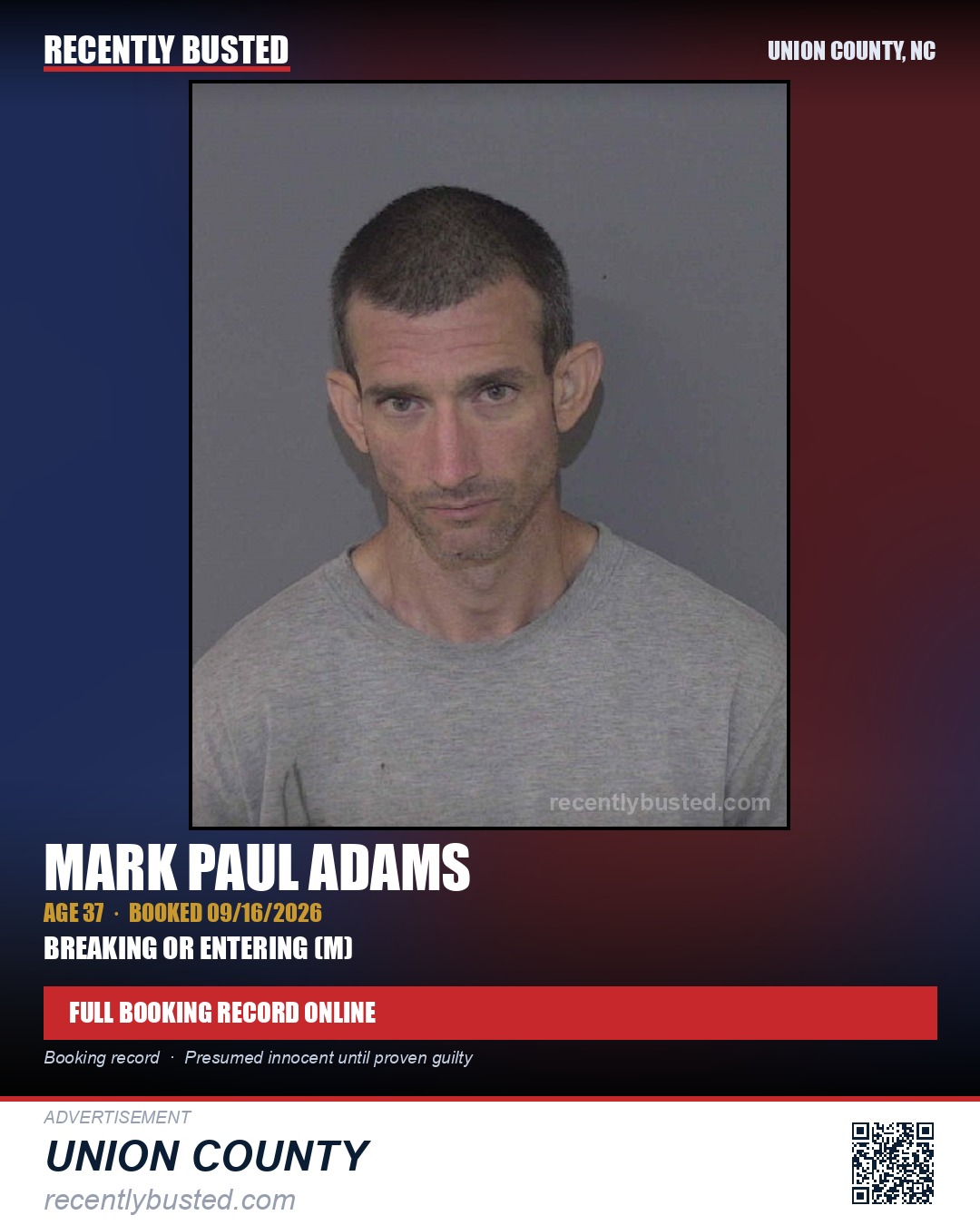 ADAMS, MARK PAUL — arrest record card, Union County, North Carolina