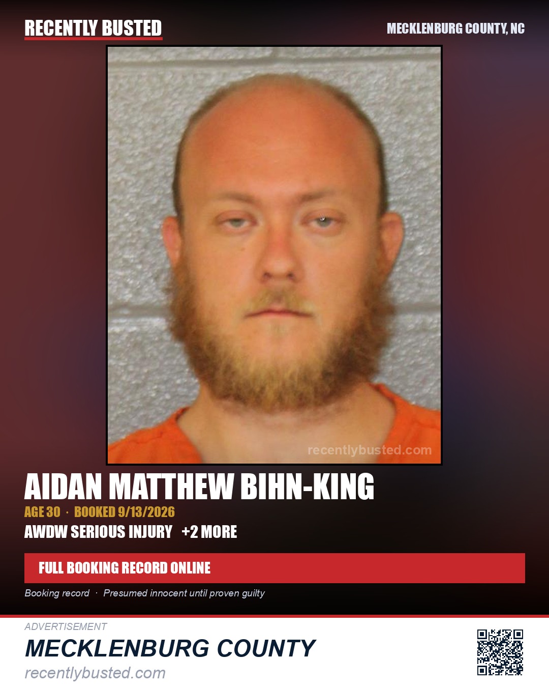 AIDAN MATTHEW BIHN-KING — arrest record card, Mecklenburg County, North Carolina