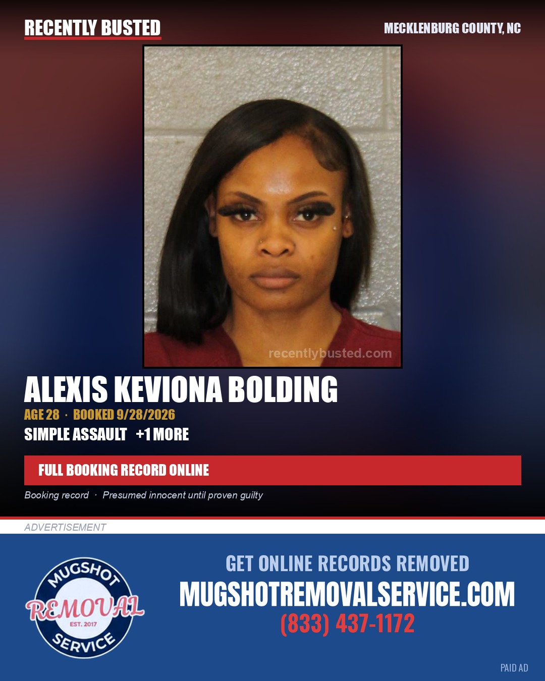 ALEXIS KEVIONA BOLDING — arrest record card, Mecklenburg County, North Carolina