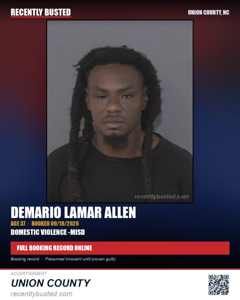 ALLEN, DEMARIO LAMAR — arrest record card, Union County, North Carolina
