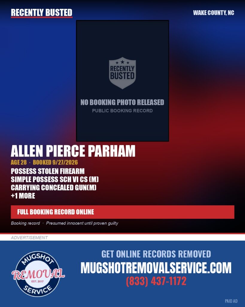 ALLEN PIERCE PARHAM — arrest record card, Wake County, North Carolina