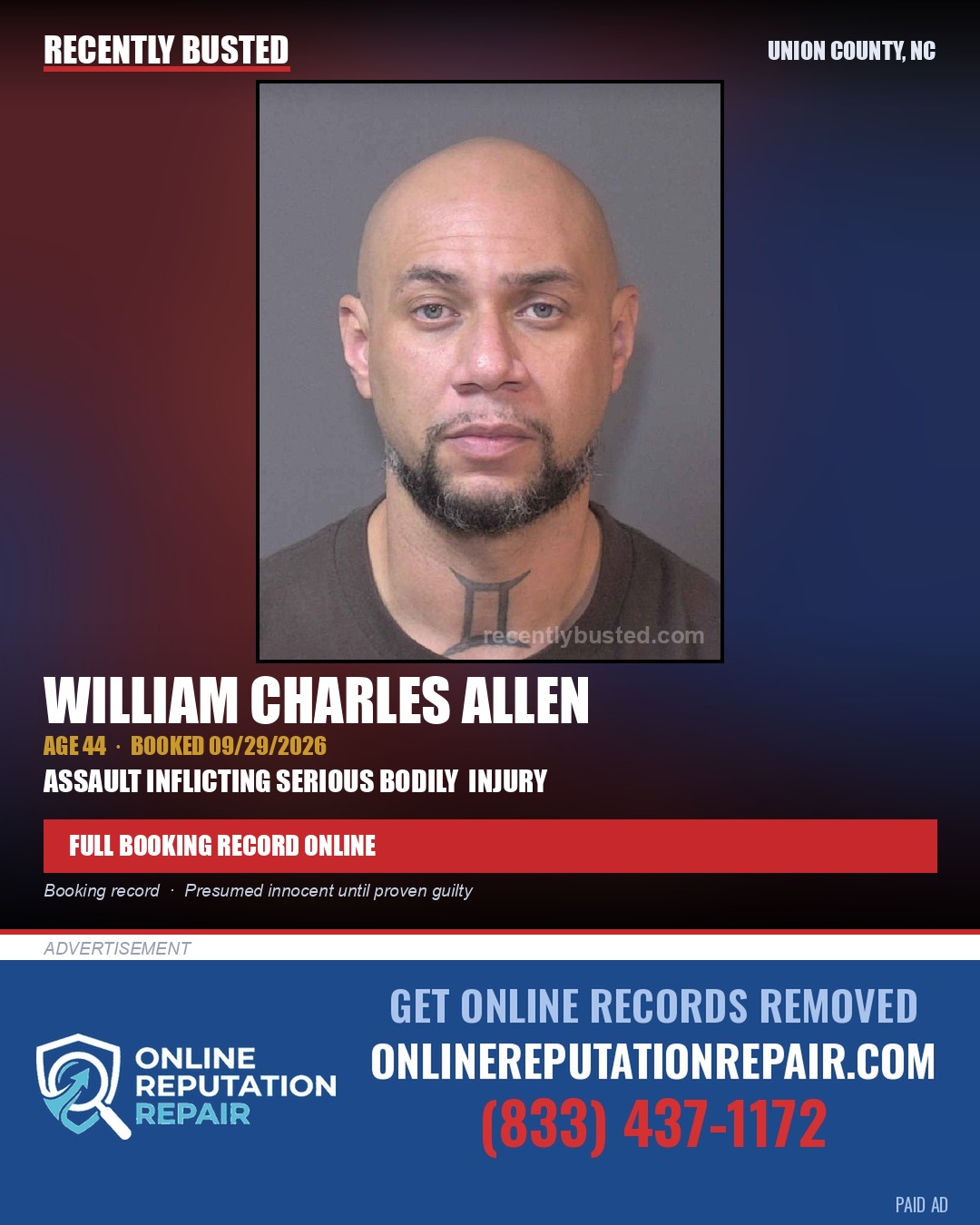 ALLEN, WILLIAM CHARLES — arrest record card, Union County, North Carolina