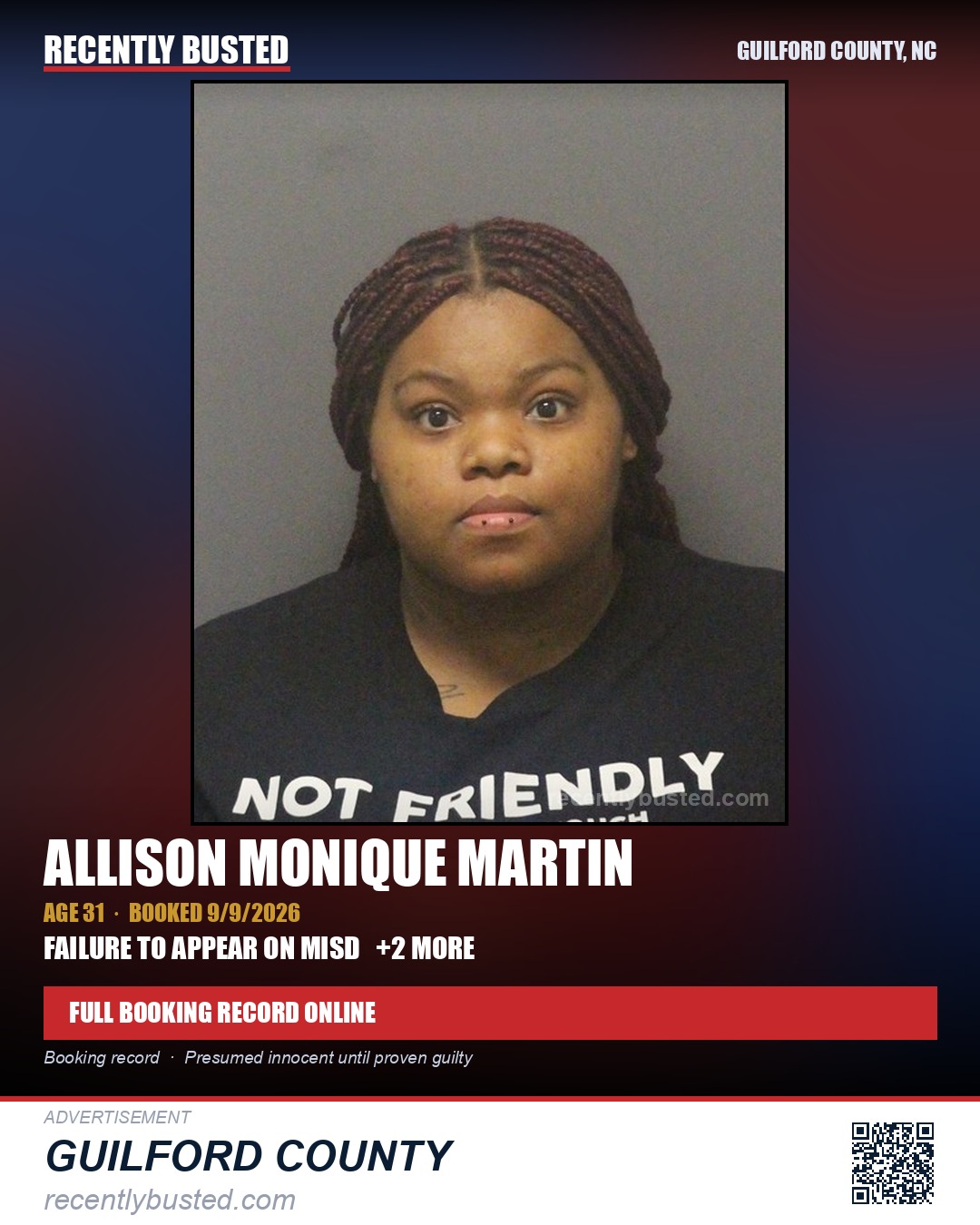ALLISON MONIQUE MARTIN — arrest record card, Guilford County, North Carolina