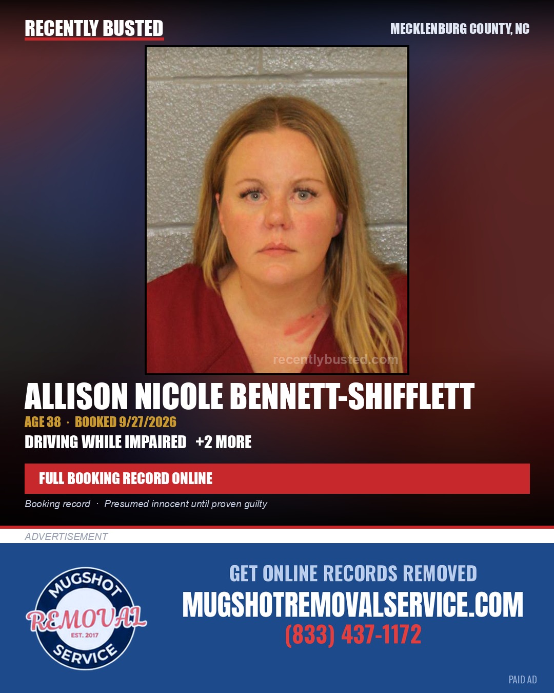 ALLISON NICOLE BENNETT-SHIFFLETT — arrest record card, Mecklenburg County, North Carolina