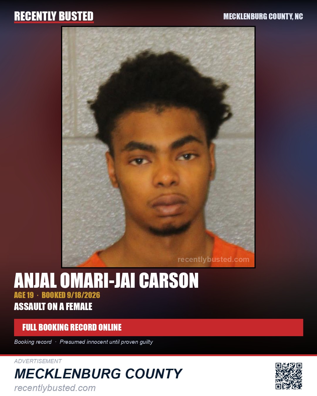 ANJAL OMARI-JAI CARSON — arrest record card, Mecklenburg County, North Carolina