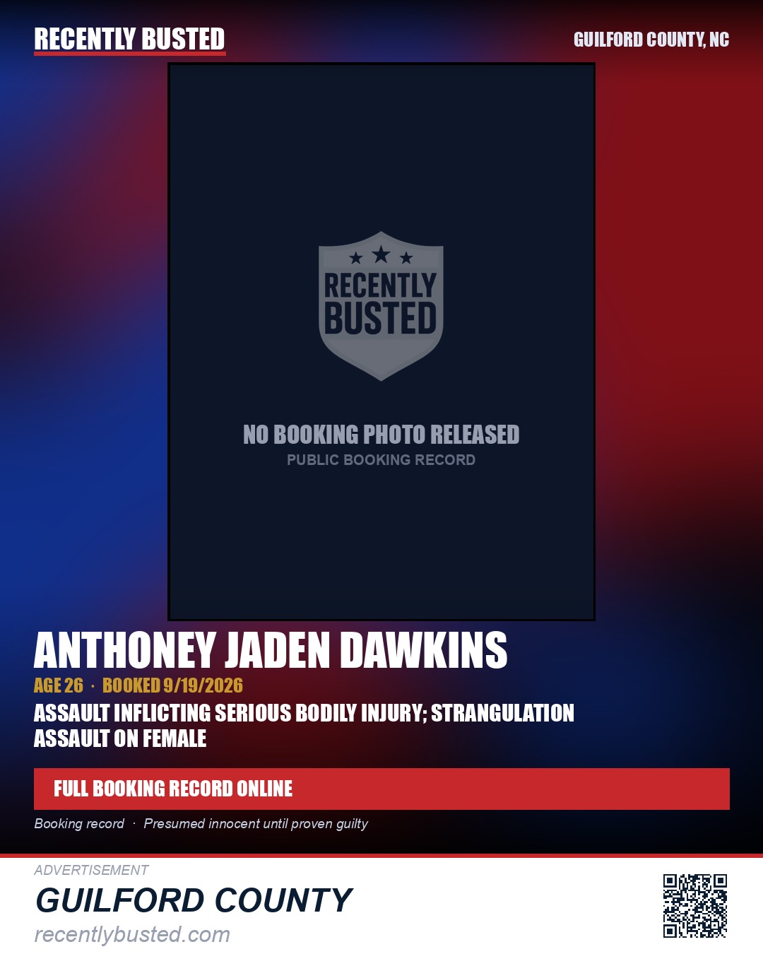 ANTHONEY JADEN DAWKINS — arrest record card, Guilford County, North Carolina
