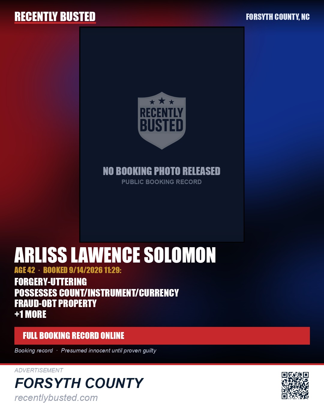 ARLISS LAWENCE SOLOMON — arrest record card, Forsyth County, North Carolina