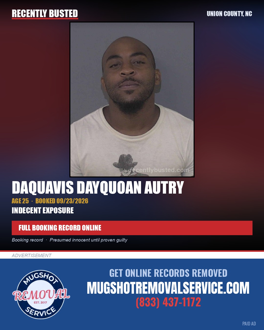 AUTRY, DAQUAVIS DAYQUOAN — arrest record card, Union County, North Carolina