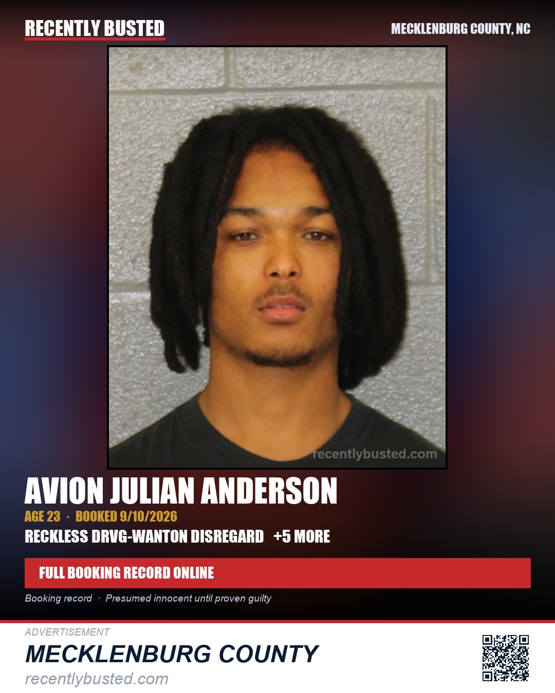 AVION JULIAN ANDERSON — arrest record card, Mecklenburg County, North Carolina