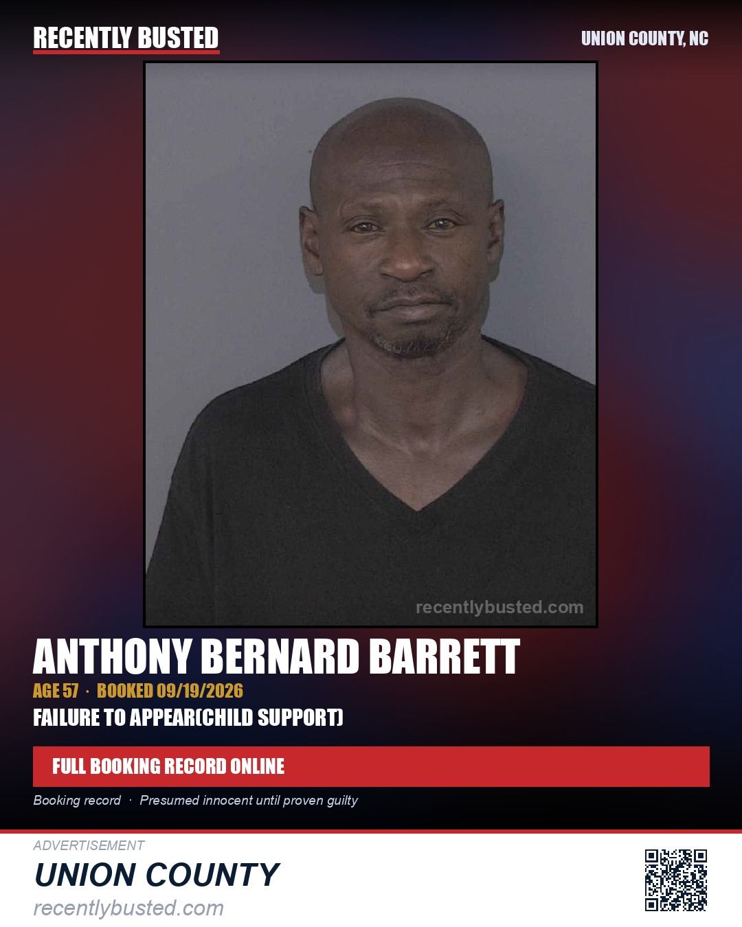 BARRETT, ANTHONY BERNARD — arrest record card, Union County, North Carolina